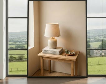 Minimalist Japandi Lamp Wall Art Print – Neutral Scandinavian Interior Photography Poster, Cozy Wabi Sabi Decor