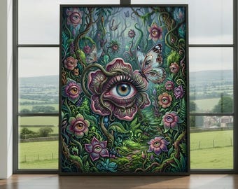 Surreal Eye Garden Wall Art Print – Fantasy Botanical Poster, Dreamlike Nature Artwork, Mystical Vision Decor