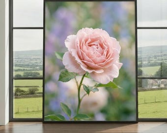 Pink Rose Wall Art Print – Pastel Floral Photography Poster, Romantic Cottage Garden Botanical Decor