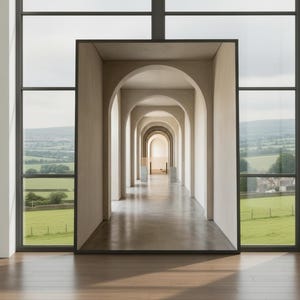 以下が含まれることがあります： アーチ型のドアが連なる建築物の内観。大きな長方形のフレーム内に構造が収まり、緑豊かな風景を望む大きな窓を背景にしています。床は木製です。