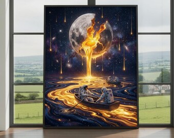 Surreal Astronaut Moon Wall Art Print – Cosmic Space Fantasy Poster, Melting Moon Artwork, Golden Galaxy Decor