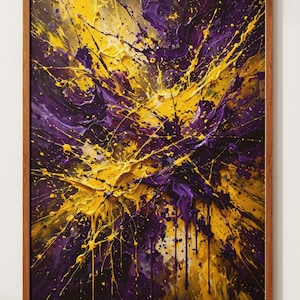 Abstraktes Farbspritzer-Kunstwerk in Lila und Gelb, expressionistische Wandkunst, ausdrucksstarkes Poster
