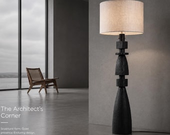 Black Wood Floor Lamp, Modern Sculptural Lamp with Linen Shade, Minimalist Statement Lighting for Living Room