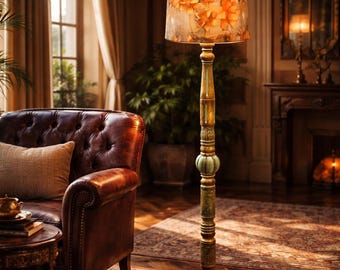 Turquoise Wooden Floor Lamp Rustic Tall Standing Lamp Linen Shade Living Room Decor Soft Ambient Lighting