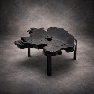Mesa de centro de madera de sheesham con borde natural, color negro carbón, estilo rústico moderno. Mesa de madera quemada con un diseño único.