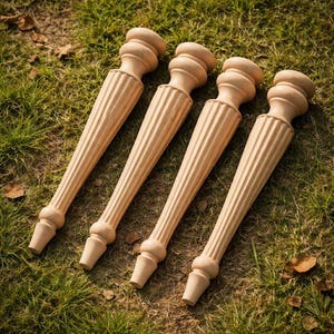 Könnte beinhalten: Vier unfertige Holzmöbelfüße mit gerilltem Design. Die Beine sind hellbraun und haben eine gedrehte Ober- und Unterseite. Sie liegen auf einem Bett aus grünem Gras.