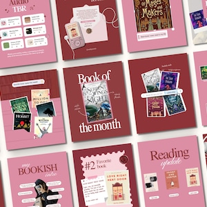 Peut inclure: Plusieurs graphiques roses et bordeaux sur le thème des livres. Ils présentent des couvertures de livres, des titres et du texte comme "Audio TBR", "Book of the Month" et "Reading Update". Des timbres et des illustrations complètent l'ensemble.