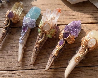 Antler Crystal Wand, Ritual Witch Wand, Handmade Magic Wand, Natural Crystal Altar Tool, Forest Witch Decor, Pagan Gift