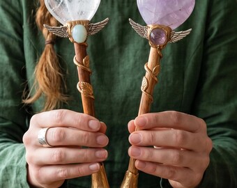 Crystal Heart Wand, Amethyst Heart Magic Wand, Angel Wing Crystal Wand, Clear Quartz Witch Wizard Wand, Ritual Altar Cosplay Prop