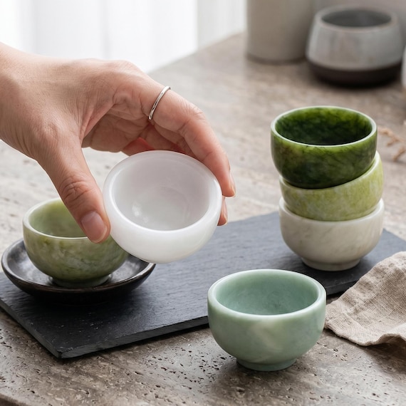 Jade Tea Cup, Single Natural Stone Tea Bowl, Kung Fu Gongfu Tea Ceremony Cup, Matcha Sake Cup, Zen Tea Gift