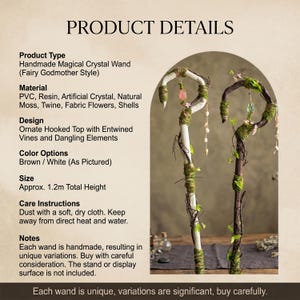 May include: Two handmade crystal wands with ornate, hooked tops. One is white, the other brown, both adorned with vines, moss, and dangling elements. Each wand is approximately 1.2 meters tall.