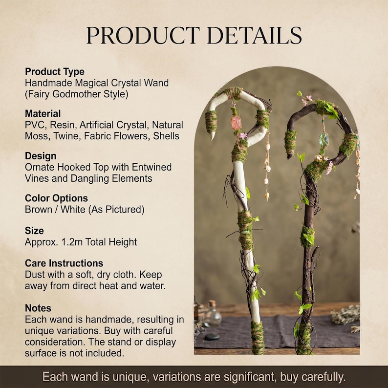 May include: Two handmade crystal wands with ornate, hooked tops. One is white, the other brown, both adorned with vines, moss, and dangling elements. Each wand is approximately 1.2 meters tall.