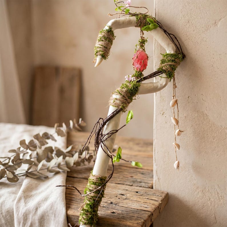 May include: A decorative, curved, off-white cane adorned with twine, moss, and small sprigs of greenery. A pink crystal and a string of small, white shells hang from the cane. The cane rests against a rustic wooden surface.