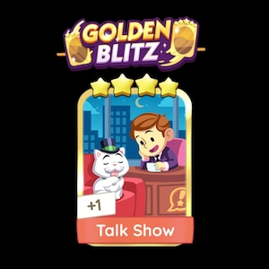 May include: A cartoon image of a talk show scene. The title "GOLDEN BLITZ" is at the top. The scene features a white cat in a top hat and a man at a desk. The words "Talk Show" are at the bottom.