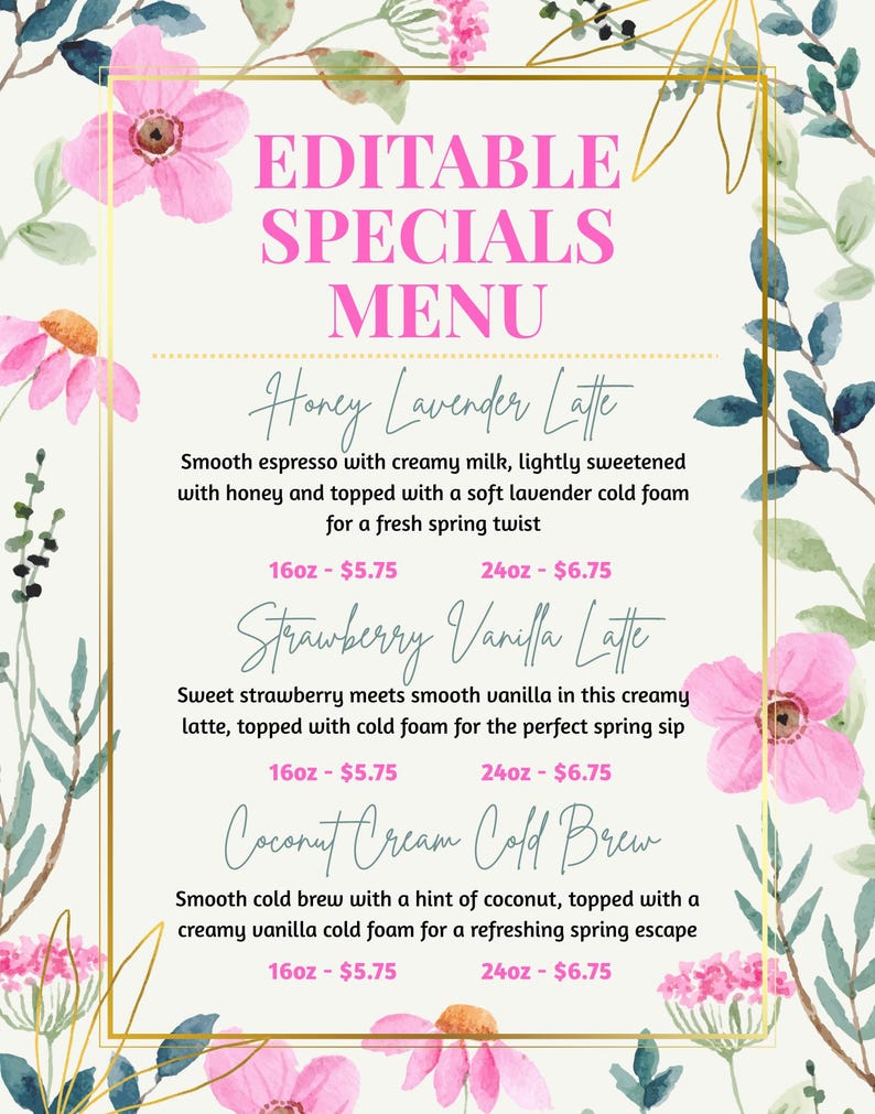 Simple Spring Menu Template Editable Spring Cafe Menu Template, Floral Drink Specials Sign, 11x14 ...