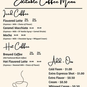 May include: A coffee menu with a checkered pattern background and flower accents. The menu lists iced and hot coffee options, including flavored lattes, caramel macchiato, mocha, and brewed coffee. Add-ons like cold foam and extra espresso are also listed.