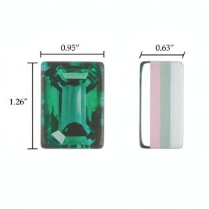 May include: A rectangular emerald green gemstone with a faceted surface measuring 0.95 inches by 1.26 inches, alongside a rectangular component featuring vertical stripes of pink, light green, and white, measuring 0.63 inches in width.