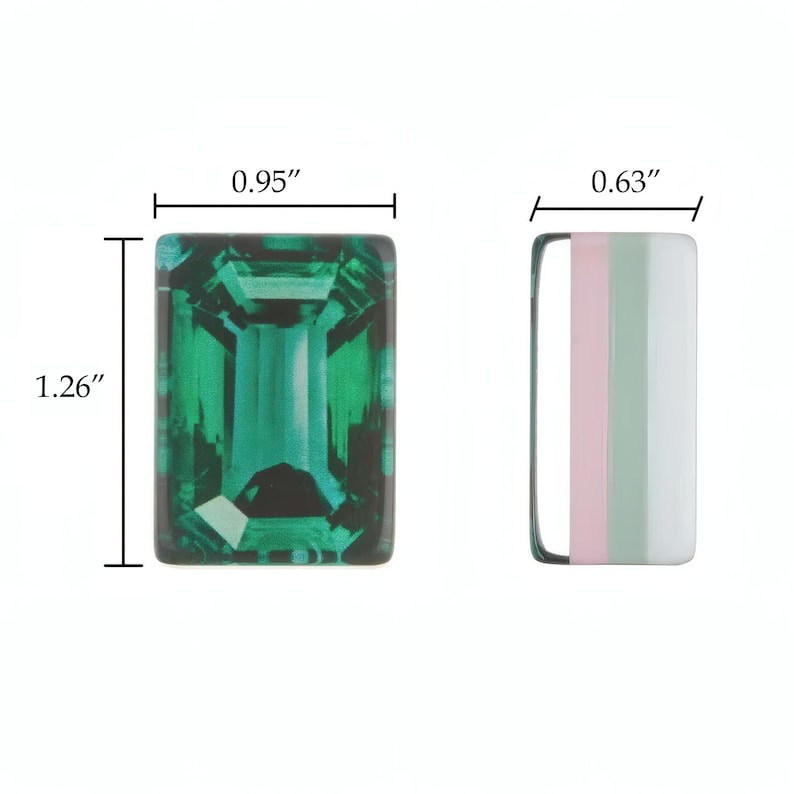 May include: A rectangular emerald green gemstone with a faceted surface measuring 0.95 inches by 1.26 inches, alongside a rectangular component featuring vertical stripes of pink, light green, and white, measuring 0.63 inches in width.