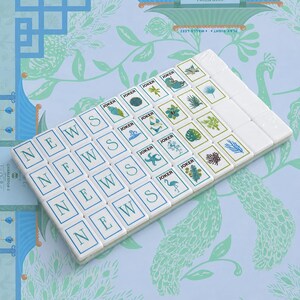 Pode incluir: Um conjunto de pe&ccedil;as retangulares brancas de mahjong dispostas numa grelha. As pe&ccedil;as apresentam letras azuis que formam a palavra NEWS, pe&ccedil;as com a etiqueta JOKER e ilustra&ccedil;&otilde;es tropicais como flamingos, estrelas-do-mar e palmeiras.