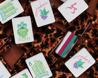 Tortoiseshell American Mahjong | Tri-Color Pink Teal Tiles | 160 NMJL Game |  Preppy Chic Decor & Luxury Hostess Gift
