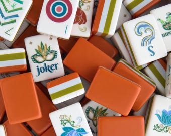 Tangerine Retro American Mahjong | Olive Striped Tiles | 160 NMJL Game with Masquerade Jokers | Mid Century Decor & Luxury Hostess Gift