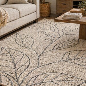 Hand Tufted Wool Rug – Ivory Moroccan Trellis Leaf Pattern Carpet
