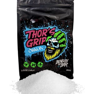 May include: A black bag of loose chalk with the text "Thor's Grip Chalk" and a skull graphic. The bag is labeled "Beneath the Bar" and contains 200g of white chalk, often used for weightlifting and gymnastics.