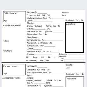 May include: A blank medical form with fields for patient information, including name, age, admission date, reason, allergies, medications, and room number. The form also includes sections for vital signs, code status, isolation precautions, and other medical information.