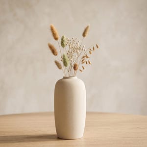 Puede incluir: Un jarrón de cerámica beige lleno de flores secas. El jarrón tiene una forma lisa y redondeada y está sobre una superficie de madera. Las flores secas incluyen elementos esponjosos, beige, verdes y marrones, creando una paleta de colores neutros.