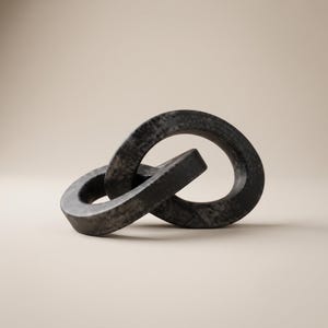 Könnte beinhalten: Eine dekorative Skulptur bestehend aus zwei ineinandergreifenden ovalen Gliedern aus einem dunkelgrauen Material mit einer gesprenkelten, steinartigen Textur. Die Glieder sind zu einer durchgehenden Schleife verbunden und bilden eine solide Form.