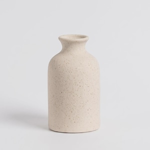 May include: A small, speckled beige ceramic vase with a rounded body and a narrow neck. The vase has a textured surface and a simple, minimalist design, suitable for displaying flowers or as a decorative accent.
