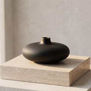 Jarrón redondo de cerámica negra / Maceta de terracota Japandi / Decoración minimalista para el hogar