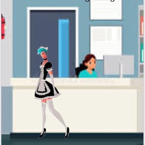 Può includere: Illustrazione di una persona in un abito da cameriera in bianco e nero con una parrucca blu. Il testo "PRISCILLA A Short Sissy Story" è in alto. L'immagine include anche il testo "18+".