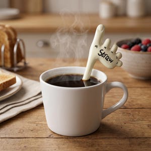May include: A white ceramic mug filled with dark coffee, with a novelty straw in the shape of a hand that reads "Straw". Steam rises from the coffee. A bowl of berries and toast are in the background.