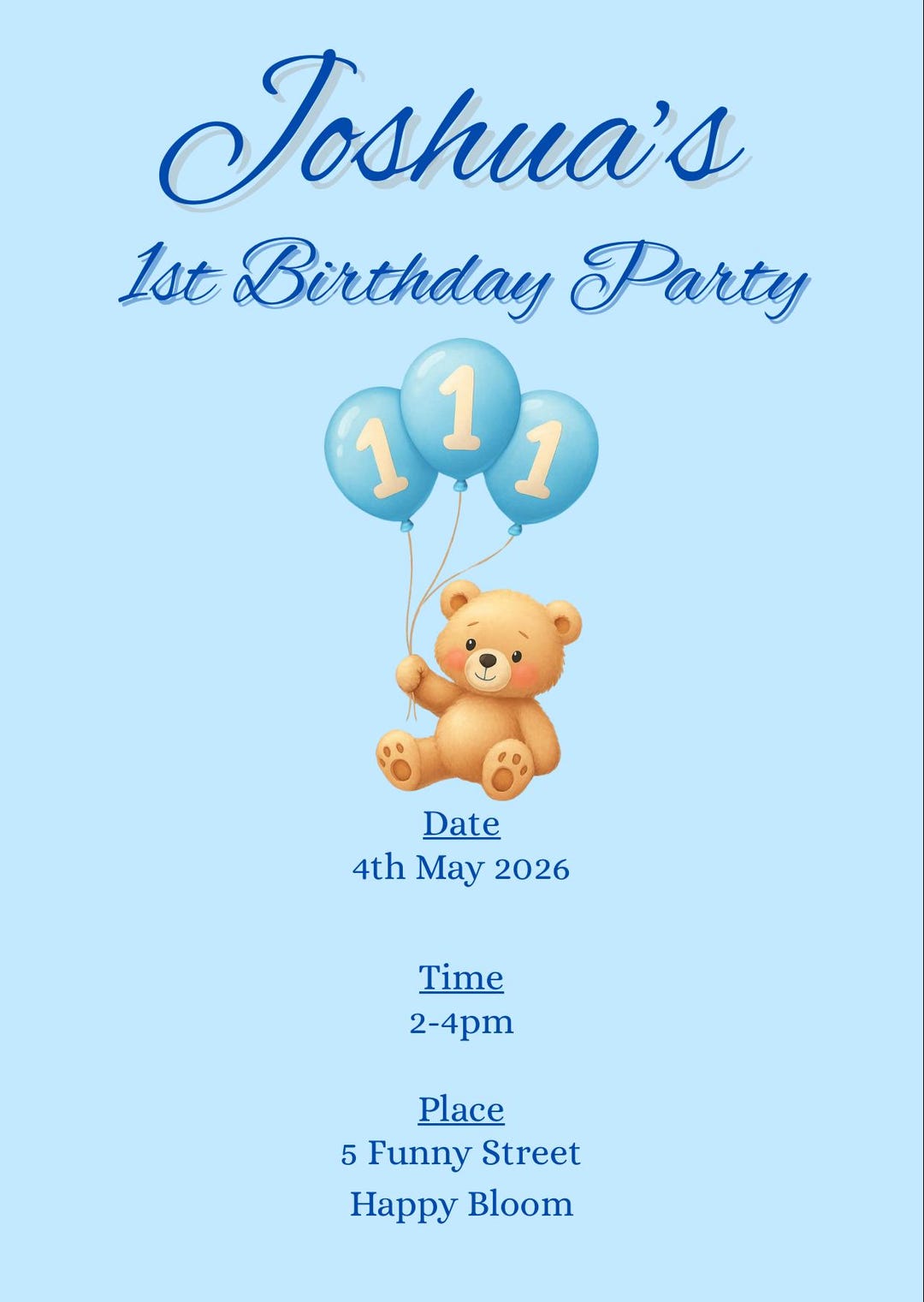 Teddy Bear 1st Birthday Invitation, Blue Boy Party Invite (digital ...