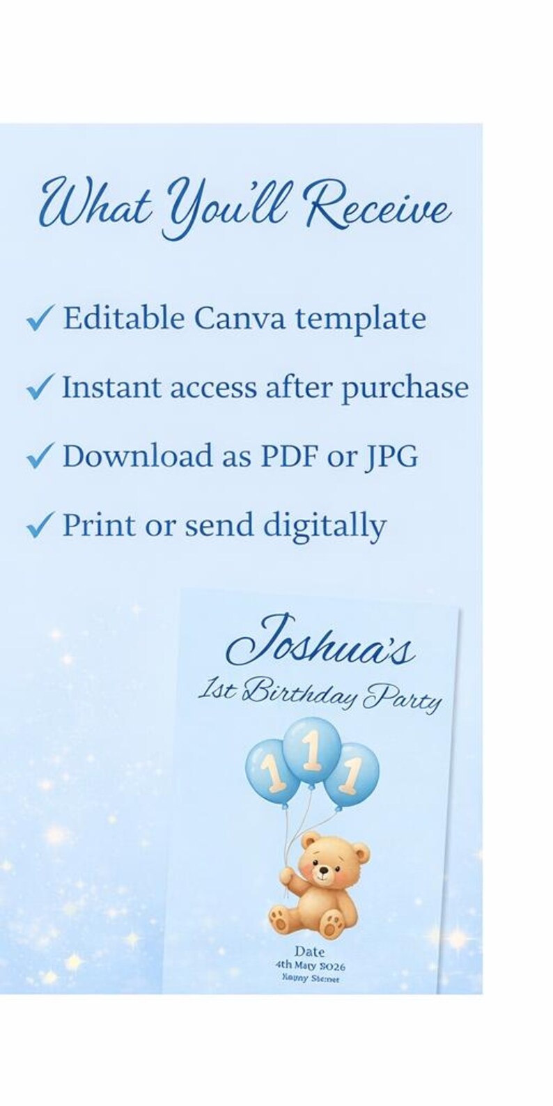 Teddy Bear 1st Birthday Invitation, Blue Boy Party Invite (digital ...
