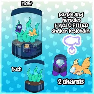 Puede incluir: Un llavero tipo shaker relleno de líquido con un personaje morado con traje y un pez naranja dentro de un acuario cilíndrico. El texto dice purple and herecles LIQUID FILLED SHAKER KEYCHAIN y 2 charms. Incluye vistas frontal y trasera.