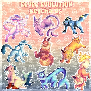 Puede incluir: Una colección de llaveros de evoluciones de Eevee con personajes ilustrados que incluyen a Sylveon, Espeon, Umbreon, Glaceon, Eevee, Jolteon, Flareon, Vaporeon y Leafeon. El texto EEVEE EVOLUTION KEYCHAINS aparece arriba en negrita.