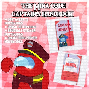 Puede incluir: Un gráfico promocional para The Mira Code Captain's Handbook con un personaje rojo con gorra de capitán, dos diseños de cuadernos y una lista de productos que incluye cuadernos de piel sintética, espiral, pegatinas reutilizables y anillas.