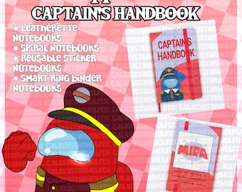 Könnte beinhalten: Eine Werbegrafik für The Mira Code Captain's Handbook mit einer roten Figur in Kapitänsuniform. Der Text listet Notizbücher aus Kunstleder, Spiralnotizbücher, wiederverwendbare Aufkleber-Notizbücher und Ringbuch-Notizbücher auf. Zwei Beispiele.