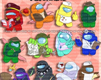 May include: A collection of Among Us character keychains featuring various colors and outfits, including a red captain, orange astronaut, yellow chef, green explorer, blue doctor, and others. The text reads AMONG US SHOW 3 INCH KEYCHAINS.