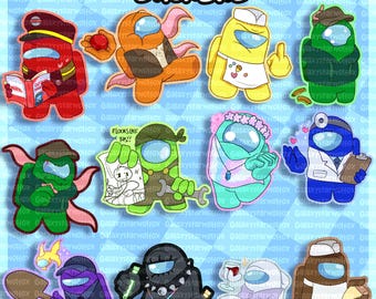 May include: A collection of eleven Among Us character stickers, each 2.5 inches tall, featuring various outfits and accessories including hats, aprons, and tools. The characters are depicted in diverse colors like red, orange, yellow, green, blue, purple, black, white, and brown against a light blue patterned background.