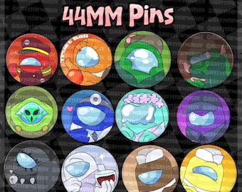 May include: A collection of eleven circular pins featuring characters from Among Us, each 44mm in diameter. The pins display various colors and accessories, including hats, glasses, and outfits. The text Among Us Show 44MM Pins is at the top.