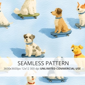 May include: A seamless pattern featuring watercolour illustrations of various dogs riding skateboards on a light blue background. The dogs wear collars in different colours. The text reads SEAMLESS PATTERN 3600x3600px 12x12 300 dpi UNLIMITED COMMERCIAL USE.