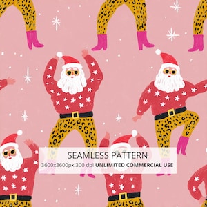 Può includere: Un motivo continuo che raffigura Babbo Natale che balla su uno sfondo rosa. Ogni Babbo Natale indossa un maglione rosso con stelle bianche, una cintura nera, pantaloni leopardati, stivali rosa e occhiali da sole gialli con stelle bianche.