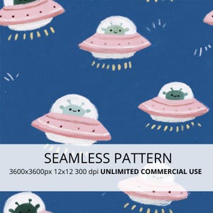 Puede incluir: Un patrón continuo con ovnis de color rosa claro y alienígenas verdes sobre un fondo azul oscuro. El texto dice SEAMLESS PATTERN 3600x3600px 12x12 300 dpi UNLIMITED COMMERCIAL USE. El diseño incluye pequeños rayos de luz amarillos bajo cada nave.