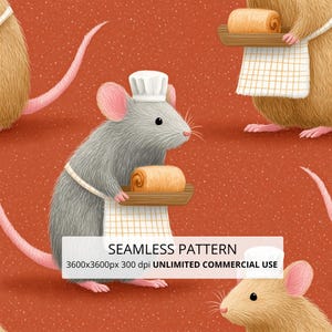 May include: A seamless pattern featuring gray and tan mice wearing white chef hats and white checkered aprons. Each mouse holds a wooden tray with a golden-brown cinnamon roll. The background is a solid, textured terracotta orange color.