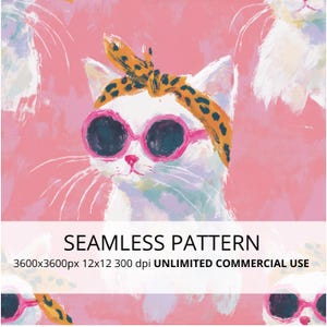 Op de afbeelding: Een naadloos patroon met een witte kat met een roze zonnebril en een oranje luipaardprint hoofdband tegen een roze achtergrond. De tekst luidt SEAMLESS PATTERN 3600x3600px 12x12 300 dpi UNLIMITED COMMERCIAL USE.