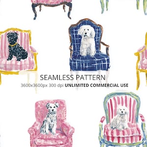 May include: A seamless pattern featuring watercolour illustrations of various dogs sitting on ornate armchairs. The chairs include pink striped, blue plaid, and solid pink designs. Text reads SEAMLESS PATTERN 3600x3600px 300 dpi UNLIMITED COMMERCIAL USE.