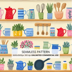 Könnte beinhalten: Ein nahtloses Muster mit Holzregalen voller Küchenutensilien wie roten Teekannen, blau gestreiften Tassen, grünen Topfpflanzen, Holzlöffeln und einer schwarzen Pfanne. Text: SEAMLESS PATTERN 3600x3600px 300 dpi UNLIMITED COMMERCIAL USE.